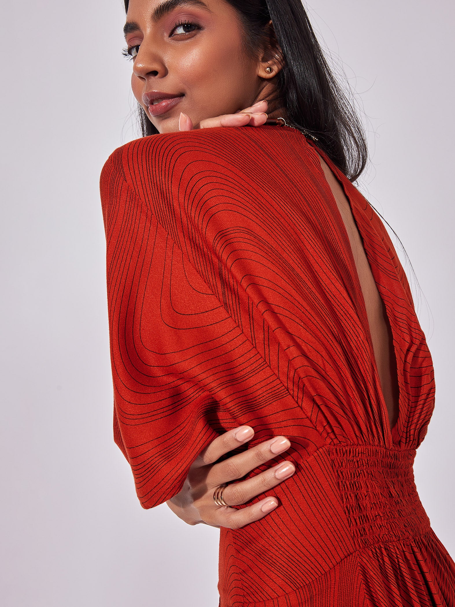 Buy Rust Wave Print Midi Dress Online | The Label Life